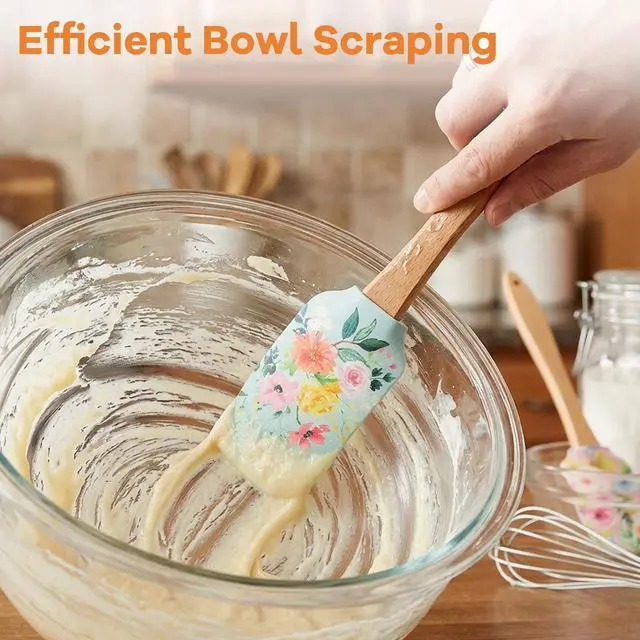 Alt view image 5 of 7 - Floral Silicone Spatula Set with Wooden Handle, Heat Resistant Rubber Scraper for Baking Cake Mixing, Non-Stick Kitchen Utensils for Cooking, Flower Pattern 11.8 Inch