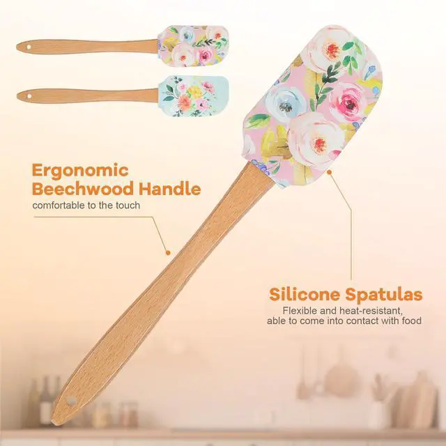 Alt view image 6 of 7 - Floral Silicone Spatula Set with Wooden Handle, Heat Resistant Rubber Scraper for Baking Cake Mixing, Non-Stick Kitchen Utensils for Cooking, Flower Pattern 11.8 Inch