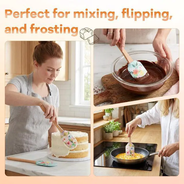 Alt view image 4 of 7 - Floral Silicone Spatula Set with Wooden Handle, Heat Resistant Rubber Scraper for Baking Cake Mixing, Non-Stick Kitchen Utensils for Cooking, Flower Pattern 11.8 Inch