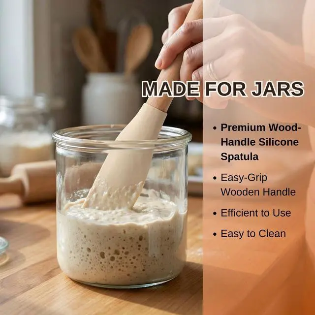 Alt view image 3 of 6 - Long Silicone Jar Spatula with Natural Beechwood Handle, Flexible Deep Jar Scraper & Blender Spatula, Removable Soft Contour Head for Sourdough Starter Crocks, Peanut Butter or Jams