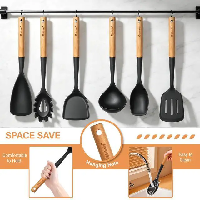Alt view image 6 of 7 - Large Silicone Kitchen Utensils Set, 6 PCS Nonstick Cooking Utensils Set with Wooden Handle, Heat Resistant and BPA Free Silicone Utensil Spatula Set for Cooking with Turner, Spoon and Ladle(Black)