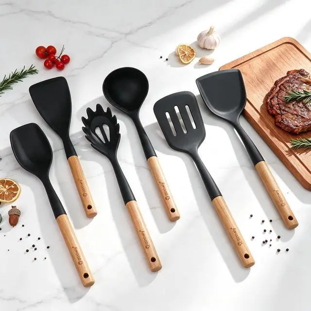 Alt view image 7 of 7 - Large Silicone Kitchen Utensils Set, 6 PCS Nonstick Cooking Utensils Set with Wooden Handle, Heat Resistant and BPA Free Silicone Utensil Spatula Set for Cooking with Turner, Spoon and Ladle(Black)