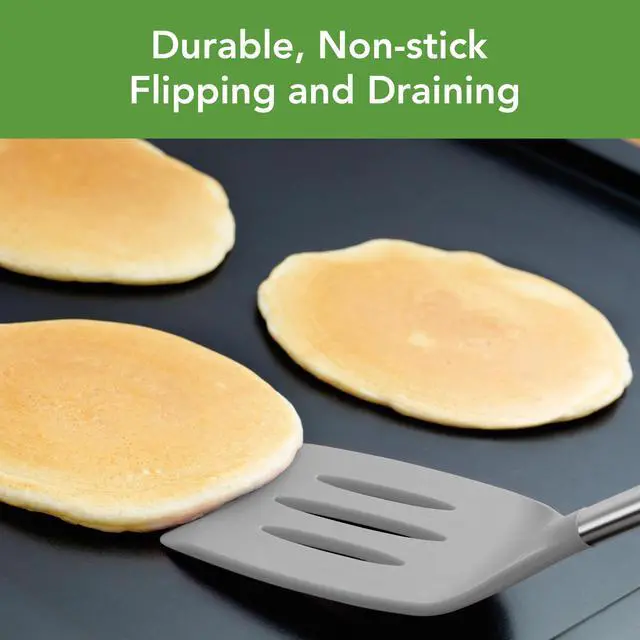 Alt view image 2 of 6 - Slotted Silicone Spatula Turner Slotted Stainless Steel Handle 10" Black Heat Resistant Non Toxic BPA Free Kitchen Utensil, Scratch Resistant Silicone Pancake Flipper Turner for Cooking
