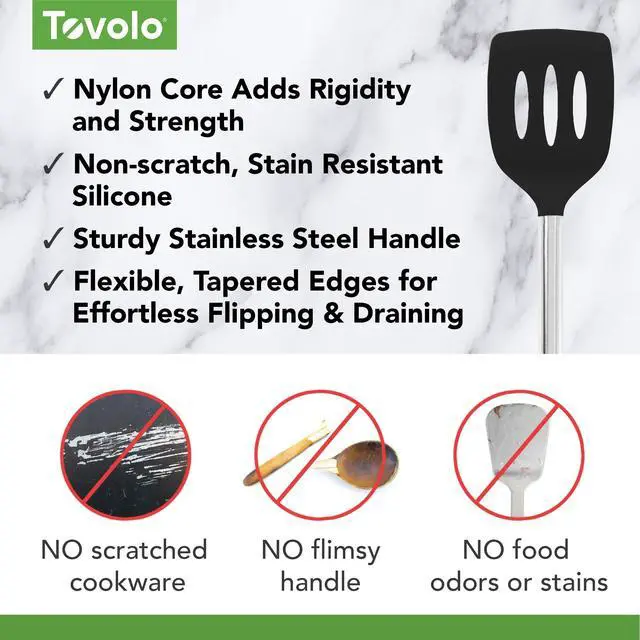 Alt view image 3 of 6 - Slotted Silicone Spatula Turner Slotted Stainless Steel Handle 10" Black Heat Resistant Non Toxic BPA Free Kitchen Utensil, Scratch Resistant Silicone Pancake Flipper Turner for Cooking