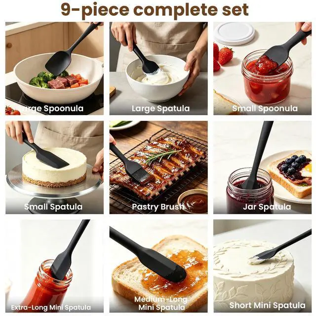Alt view image 6 of 7 - Silicone Spatula Set,9-Piece BPA Free Food Grade Heat Resistant Spatulas for Cooking Baking,Seamless One Piece Design,Non-Stick Safe,Dishwasher Safe,Withstands -104°F to 600°FBlack