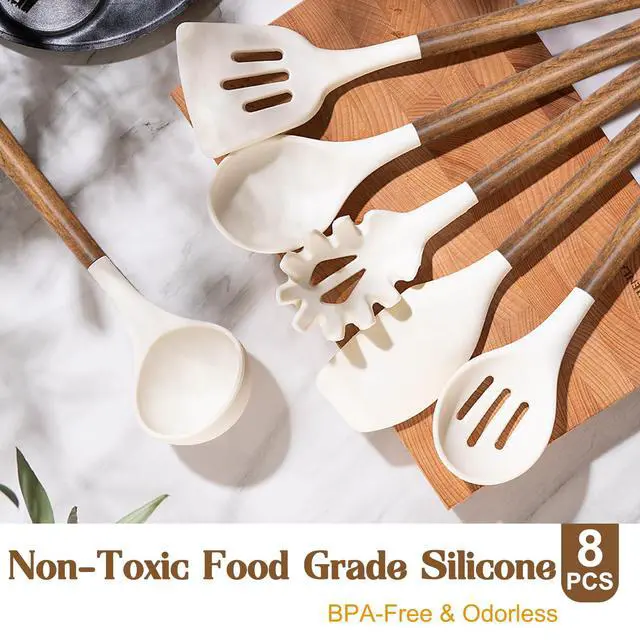 Alt view image 2 of 7 - Non-Stick Silicone Kitchen Utensils Set with Natural Acacia Hard Wood Handle, Umite Chef 8 Pieces Kitchen Spatulas set, White, BPA Free, Baking, Serving and Cooking Utensils