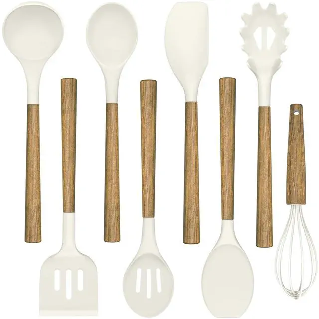 Main image of Non-Stick Silicone Kitchen Utensils Set with Natural Acacia Hard Wood Handle, Umite Chef 8 Pieces Kitchen Spatulas set, White, BPA Free, Baking, Serving and Cooking Utensils