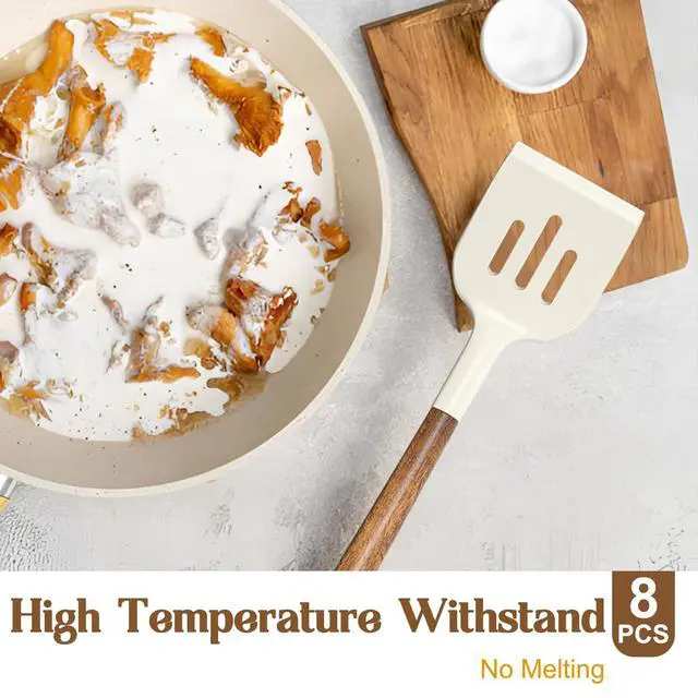 Alt view image 3 of 7 - Non-Stick Silicone Kitchen Utensils Set with Natural Acacia Hard Wood Handle, Umite Chef 8 Pieces Kitchen Spatulas set, White, BPA Free, Baking, Serving and Cooking Utensils