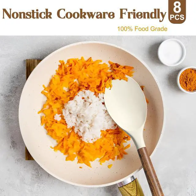Alt view image 4 of 7 - Non-Stick Silicone Kitchen Utensils Set with Natural Acacia Hard Wood Handle, Umite Chef 8 Pieces Kitchen Spatulas set, White, BPA Free, Baking, Serving and Cooking Utensils