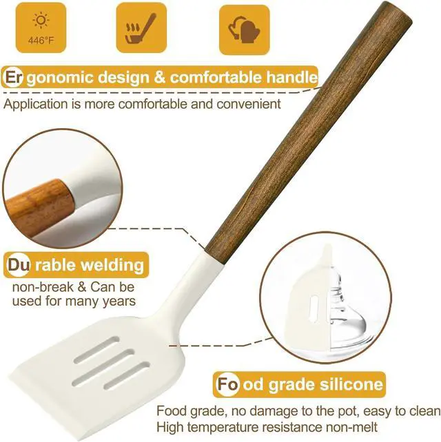 Alt view image 6 of 7 - Non-Stick Silicone Kitchen Utensils Set with Natural Acacia Hard Wood Handle, Umite Chef 8 Pieces Kitchen Spatulas set, White, BPA Free, Baking, Serving and Cooking Utensils