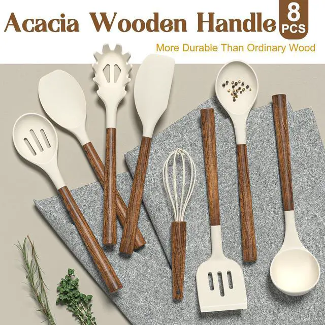 Alt view image 5 of 7 - Non-Stick Silicone Kitchen Utensils Set with Natural Acacia Hard Wood Handle, Umite Chef 8 Pieces Kitchen Spatulas set, White, BPA Free, Baking, Serving and Cooking Utensils