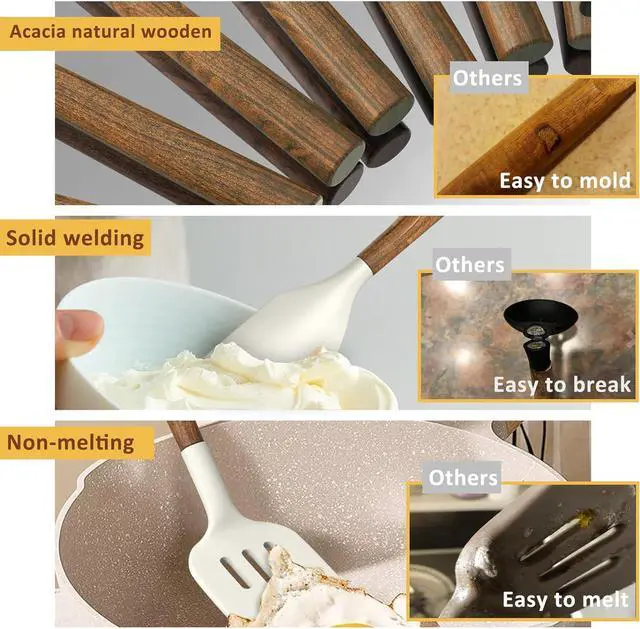 Alt view image 7 of 7 - Non-Stick Silicone Kitchen Utensils Set with Natural Acacia Hard Wood Handle, Umite Chef 8 Pieces Kitchen Spatulas set, White, BPA Free, Baking, Serving and Cooking Utensils