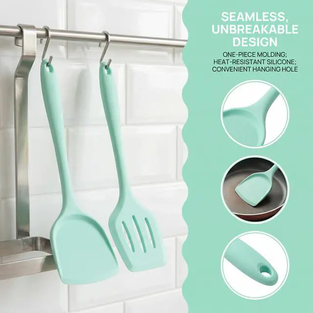 Alt view image 4 of 7 - Silicone Spatula Set, Heat Resistant Spatulas for Baking & Mixing, BPA-Free Solid & Slotted Turner for Non-Stick Pans, Kitchen Utensils for Scraping, Sauteing and Flipping (Mint Green)