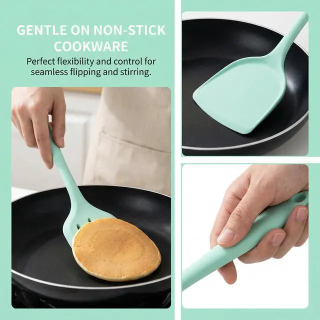 Alt view image 5 of 7 - Silicone Spatula Set, Heat Resistant Spatulas for Baking & Mixing, BPA-Free Solid & Slotted Turner for Non-Stick Pans, Kitchen Utensils for Scraping, Sauteing and Flipping (Mint Green)