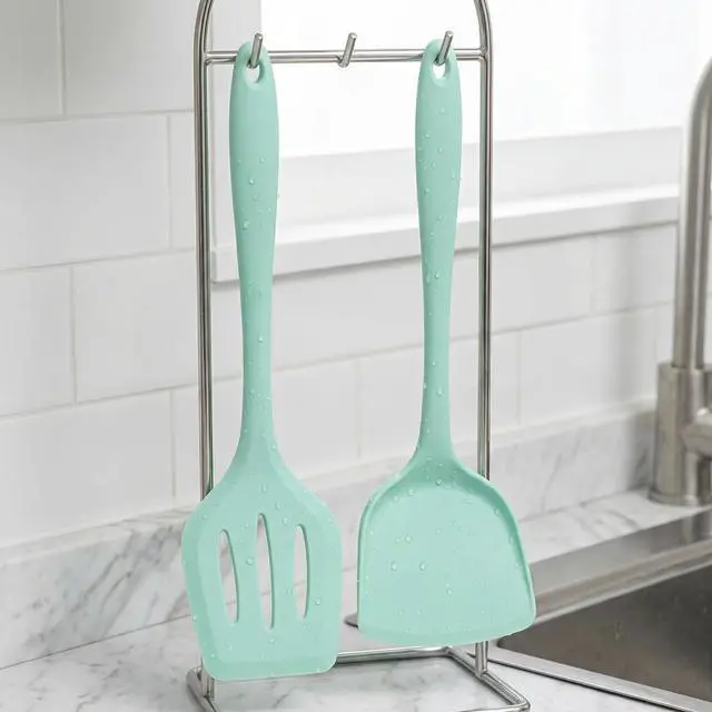 Alt view image 7 of 7 - Silicone Spatula Set, Heat Resistant Spatulas for Baking & Mixing, BPA-Free Solid & Slotted Turner for Non-Stick Pans, Kitchen Utensils for Scraping, Sauteing and Flipping (Mint Green)
