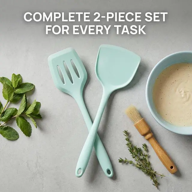 Alt view image 6 of 7 - Silicone Spatula Set, Heat Resistant Spatulas for Baking & Mixing, BPA-Free Solid & Slotted Turner for Non-Stick Pans, Kitchen Utensils for Scraping, Sauteing and Flipping (Mint Green)
