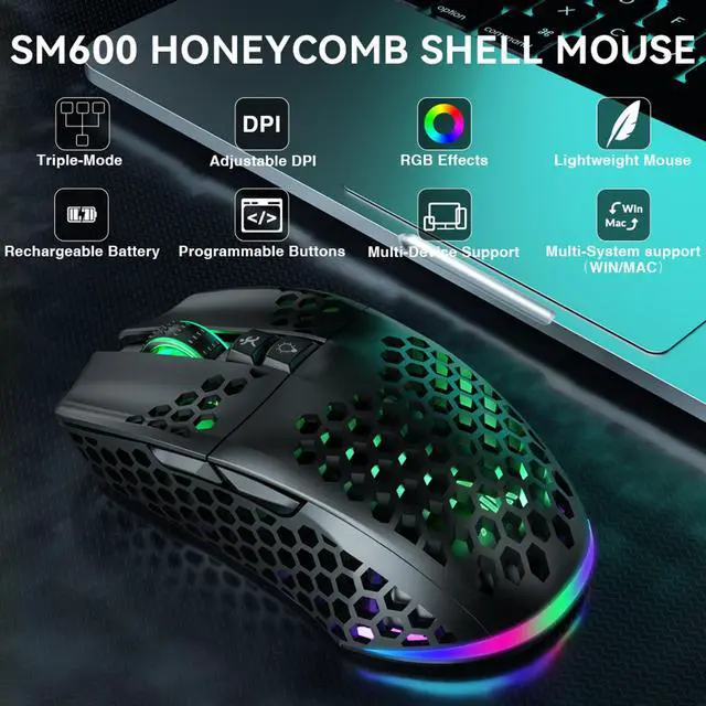 Alt view image 2 of 7 - Honeycomb Shell Gaming Mouse Wireless,Tri-Modes BT/2.4G Wireless/Type-C Wired Gamer Mouse with 2 Side Buttons, Macro Programmable and RGB Light for PC/Mac/Laptop,Black