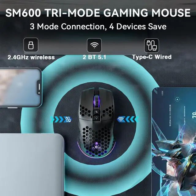 Alt view image 3 of 7 - Honeycomb Shell Gaming Mouse Wireless,Tri-Modes BT/2.4G Wireless/Type-C Wired Gamer Mouse with 2 Side Buttons, Macro Programmable and RGB Light for PC/Mac/Laptop,Black