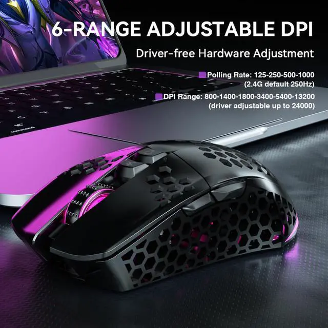Alt view image 4 of 7 - Honeycomb Shell Gaming Mouse Wireless,Tri-Modes BT/2.4G Wireless/Type-C Wired Gamer Mouse with 2 Side Buttons, Macro Programmable and RGB Light for PC/Mac/Laptop,Black