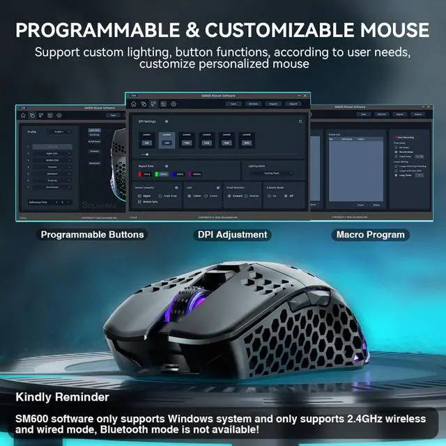 Alt view image 6 of 7 - Honeycomb Shell Gaming Mouse Wireless,Tri-Modes BT/2.4G Wireless/Type-C Wired Gamer Mouse with 2 Side Buttons, Macro Programmable and RGB Light for PC/Mac/Laptop,Black
