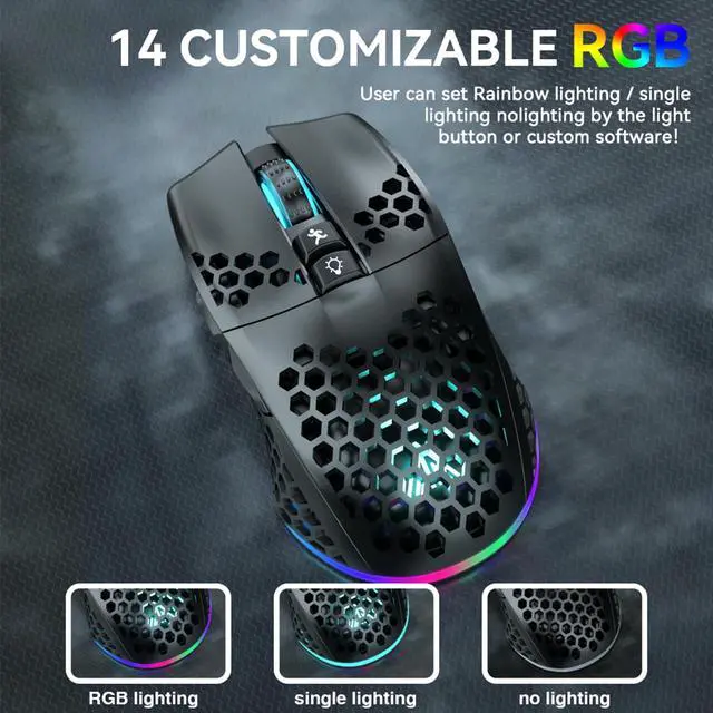 Alt view image 7 of 7 - Honeycomb Shell Gaming Mouse Wireless,Tri-Modes BT/2.4G Wireless/Type-C Wired Gamer Mouse with 2 Side Buttons, Macro Programmable and RGB Light for PC/Mac/Laptop,Black