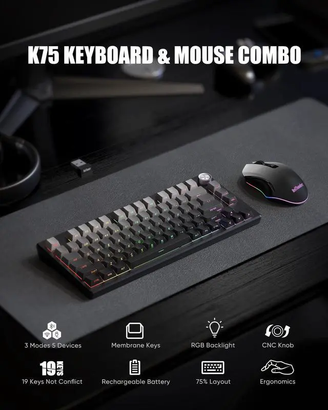 Alt view image 2 of 7 - Wireless Membrane Keyboard & Mouse Combo,75% Side-Engraved Keycaps,Optical Gaming Mouse with 4800DPI,3 Modes(BT/2.4G/Wired),Dual System,RGB Backlit,Rechargeable Battery,Gradient Gray