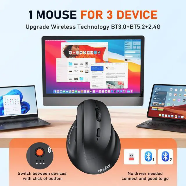 Alt view image 3 of 7 - Ergonomic Wireless Vertical Mouse, Rechargeable, Black