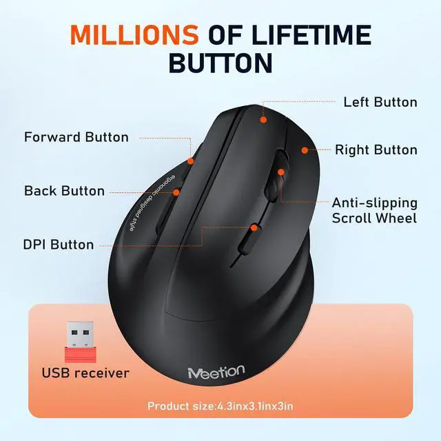Alt view image 7 of 7 - Ergonomic Wireless Vertical Mouse, Rechargeable, Black