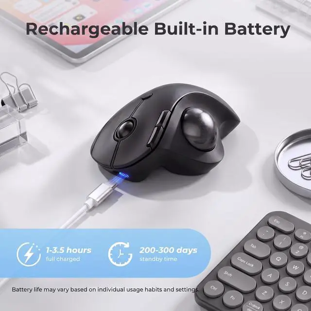 Alt view image 7 of 7 - Wireless Trackball Mouse, Ergonomic Bluetooth Rollerball Mouse,Black