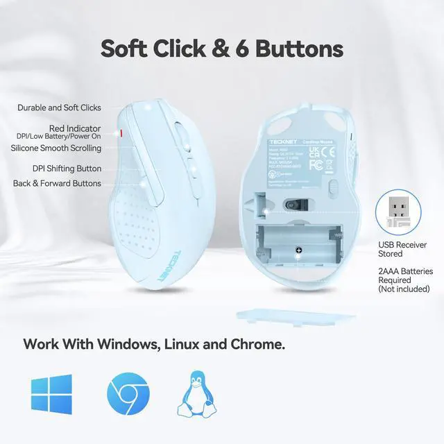 Alt view image 7 of 7 - Wireless Mouse, 2.4G Ergonomic Computer Mouse, 2600 DPI, Lightblue