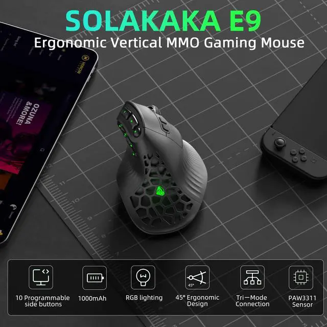 Alt view image 2 of 7 - Gaming Mouse,24800 DPI,Tri-Mode Ergonomic Wireless Mouse with 10 Side Buttons,RGB Mouse for PC/Mac Black