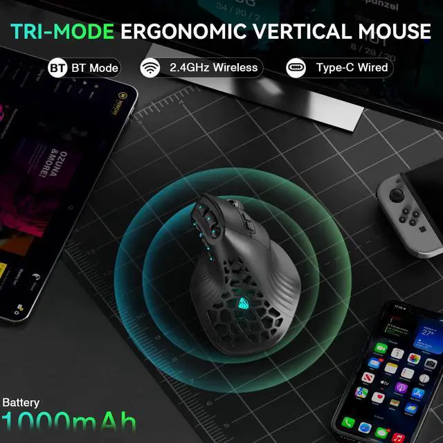 Alt view image 5 of 7 - Gaming Mouse,24800 DPI,Tri-Mode Ergonomic Wireless Mouse with 10 Side Buttons,RGB Mouse for PC/Mac Black