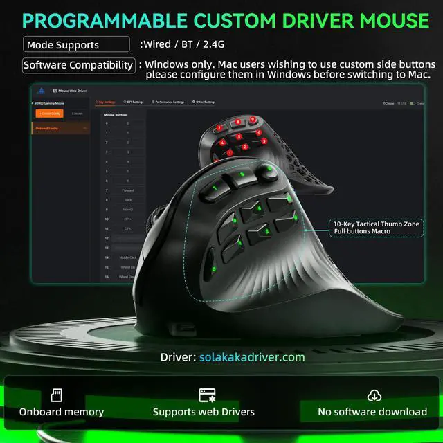 Alt view image 6 of 7 - Gaming Mouse,24800 DPI,Tri-Mode Ergonomic Wireless Mouse with 10 Side Buttons,RGB Mouse for PC/Mac Black