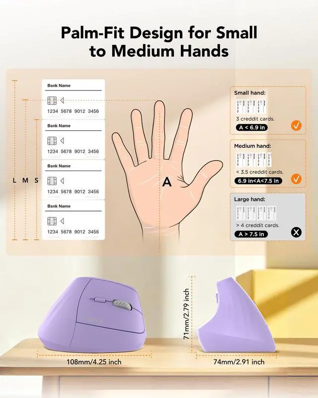Alt view image 7 of 7 - Ergonomic Mouse Wireless, Bluetooth Vertical Mouse, 5-Level Adjustable DPI, 2.4G Silent Switch Mice for Windows, MacOS, IPadOS, Laptop, PC, Purple