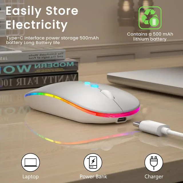 Alt view image 4 of 7 - LED Wireless Mouse A100S Rechargeable Portable Silent Mouse with Optional USB and Type-C Receiver 3-Speed Adjustable DPI for PC/Mac/Laptop (Frosted Silver)