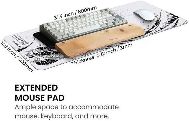 Alt view image 3 of 7 - Large Gaming Mouse Pad, Full Keyboard Mat, Long Laptop Mousepad, Computer Mouse Mat for Home and Office, Anti-Slip Rubber Base, 31.5 x 11.8 Inches (White Sea Wave)