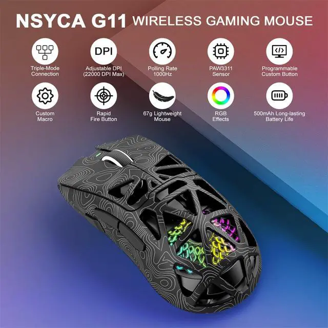Alt view image 2 of 7 - Lightweight Wireless Gaming Mouse for FPS & Competitive Gaming, Tri-Mode Bluetooth 5.1/2.4GHz/USB-C, 22000 DPI RGB Mouse with Programmable Buttons for PC, Laptop & Mac