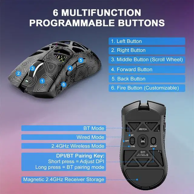 Alt view image 5 of 7 - Lightweight Wireless Gaming Mouse for FPS & Competitive Gaming, Tri-Mode Bluetooth 5.1/2.4GHz/USB-C, 22000 DPI RGB Mouse with Programmable Buttons for PC, Laptop & Mac