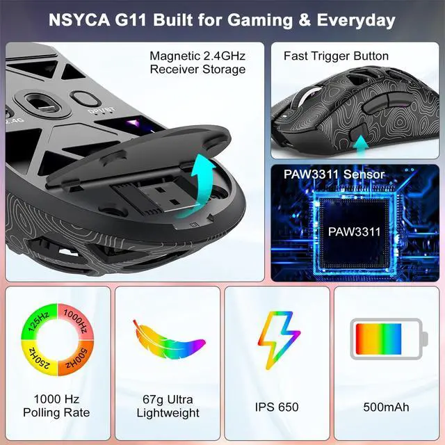 Alt view image 6 of 7 - Lightweight Wireless Gaming Mouse for FPS & Competitive Gaming, Tri-Mode Bluetooth 5.1/2.4GHz/USB-C, 22000 DPI RGB Mouse with Programmable Buttons for PC, Laptop & Mac