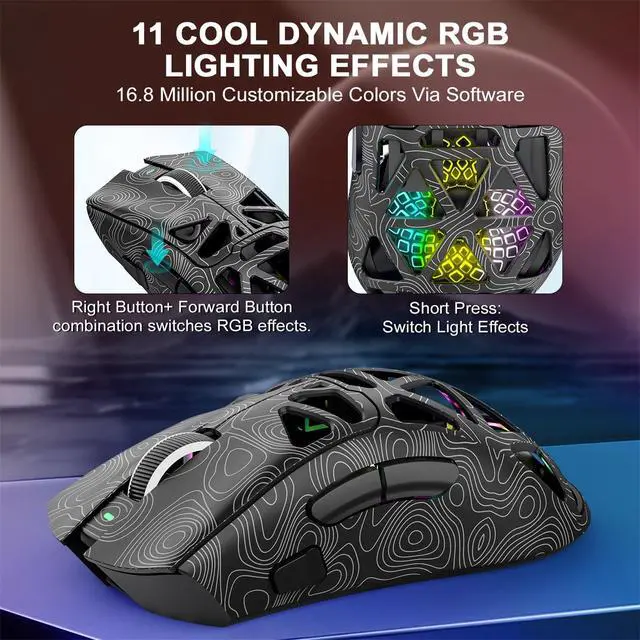 Alt view image 7 of 7 - Lightweight Wireless Gaming Mouse for FPS & Competitive Gaming, Tri-Mode Bluetooth 5.1/2.4GHz/USB-C, 22000 DPI RGB Mouse with Programmable Buttons for PC, Laptop & Mac