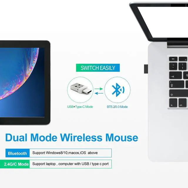 Alt view image 3 of 7 - Rechargeable Bluetooth 5.2/3.0/Type-C/USB-2.4G Mouse for MacBook/MacBook air/Pro/iPad, Wireless Mouse for Laptop/Notebook/pc/iPad/Chromebook (White)