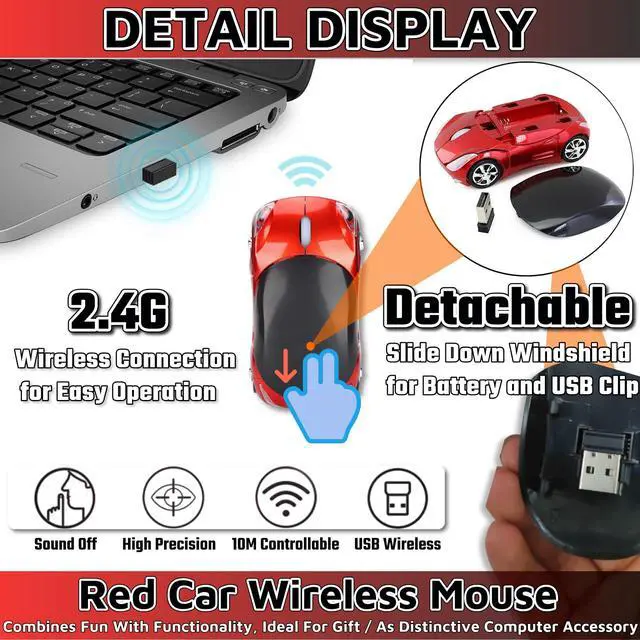Alt view image 2 of 6 - Cute Mouse Wireless Red2.4G with USB Reciver 1600DPI Car Mouse for Computer Wireless USB for Laptop Computer Tablet for Windows for Mac OS for Her for ChristmasRed