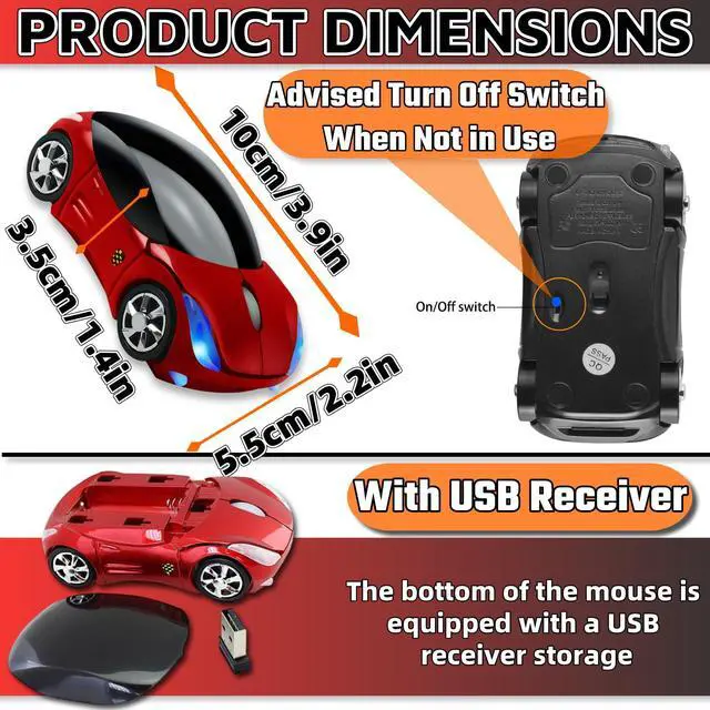 Alt view image 3 of 6 - Cute Mouse Wireless Red2.4G with USB Reciver 1600DPI Car Mouse for Computer Wireless USB for Laptop Computer Tablet for Windows for Mac OS for Her for ChristmasRed