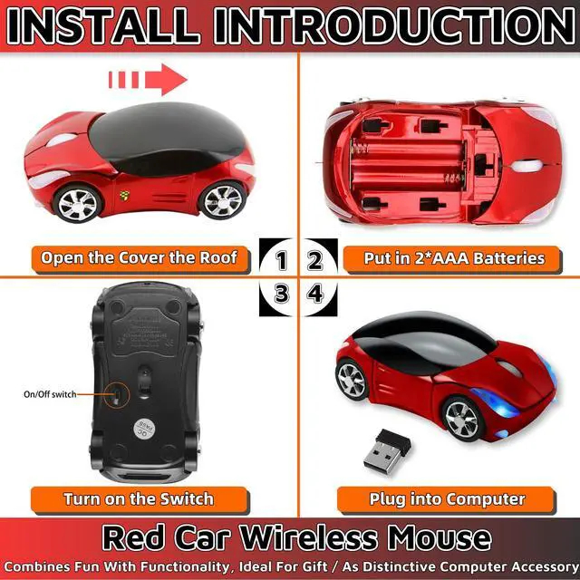 Alt view image 4 of 6 - Cute Mouse Wireless Red2.4G with USB Reciver 1600DPI Car Mouse for Computer Wireless USB for Laptop Computer Tablet for Windows for Mac OS for Her for ChristmasRed