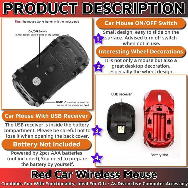 Alt view image 5 of 6 - Cute Mouse Wireless Red2.4G with USB Reciver 1600DPI Car Mouse for Computer Wireless USB for Laptop Computer Tablet for Windows for Mac OS for Her for ChristmasRed