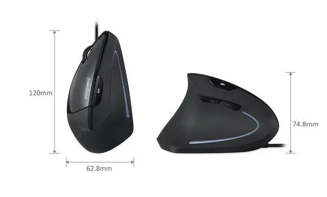 Alt view image 3 of 7 - Wired Vertical Ergonomic Mouse with 2 DPI, 6 Button Optical Ergo Mouse with 2 Level DPI Switch 1000 1600, Left Handed, Black