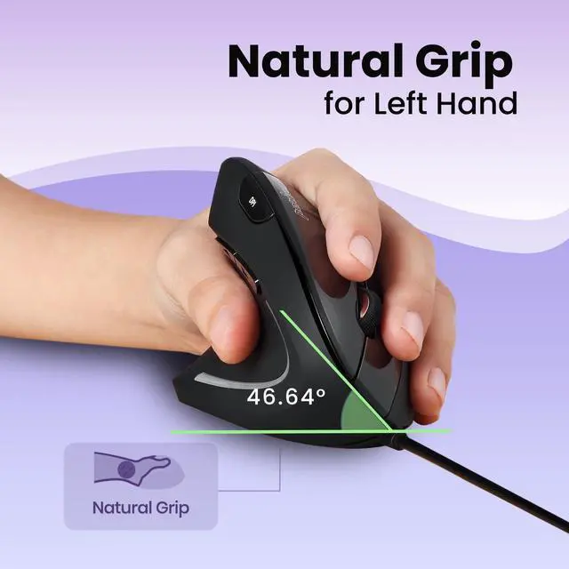 Alt view image 4 of 7 - Wired Vertical Ergonomic Mouse with 2 DPI, 6 Button Optical Ergo Mouse with 2 Level DPI Switch 1000 1600, Left Handed, Black