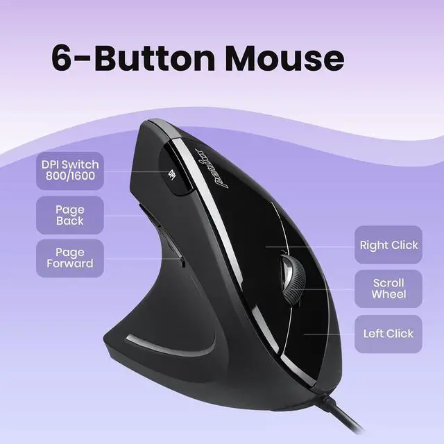 Alt view image 6 of 7 - Wired Vertical Ergonomic Mouse with 2 DPI, 6 Button Optical Ergo Mouse with 2 Level DPI Switch 1000 1600, Left Handed, Black