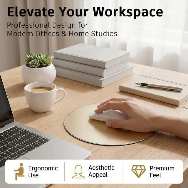 Alt view image 3 of 7 - Aluminum Metal Mouse Pad Mice Mat 8.66 in (Round, Champagne Gold)