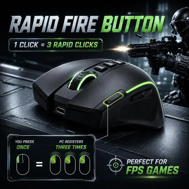 Alt view image 2 of 7 - Ergonomic Wireless Gaming Mouse, Tri-Mode, Rapid Fire Key, 8000 DPI